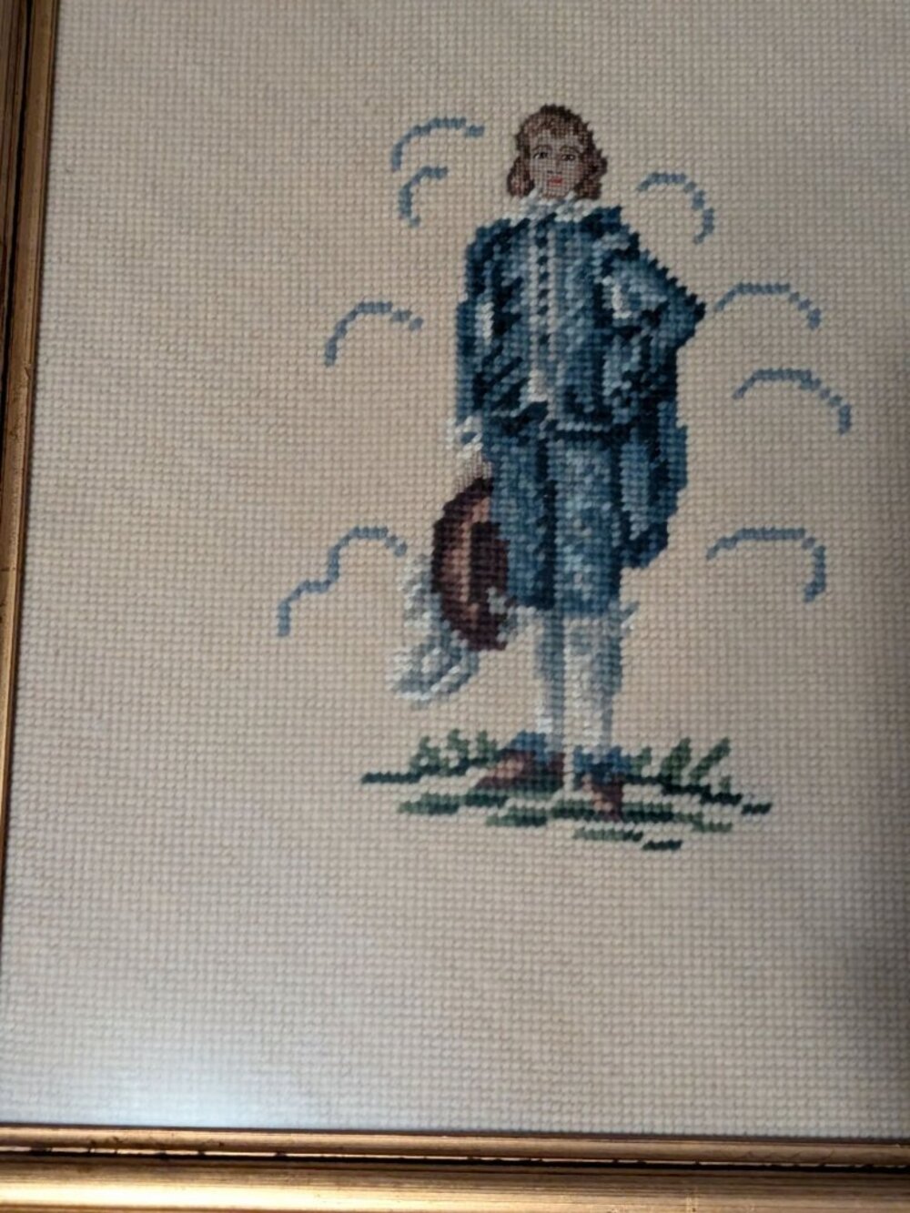 Framed Needlepoint Art "Pinkie & Blue Boy" Petit Point Embroidery Colonial Gold - Picture 7 of 16